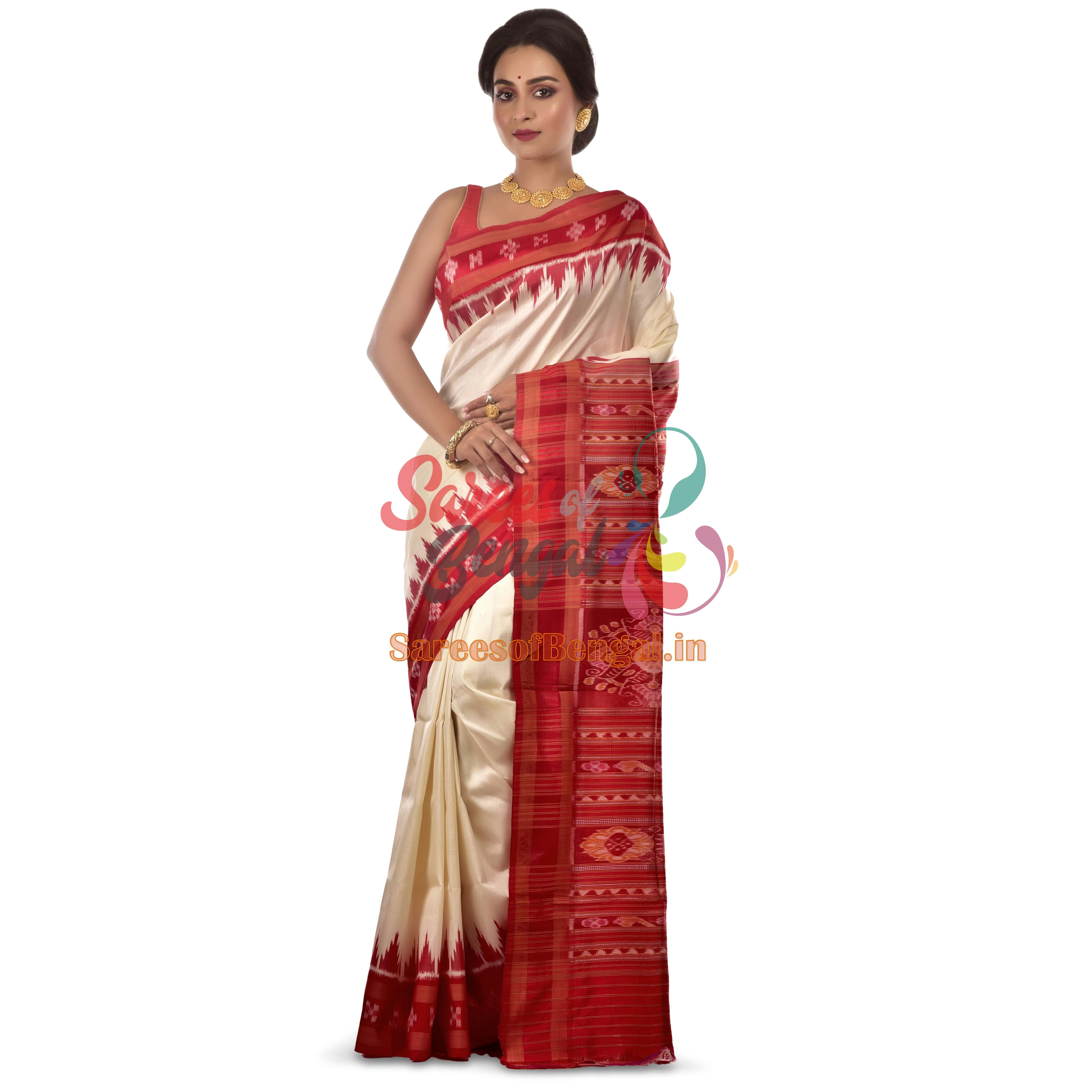 Red & White Ikkat Silk Saree